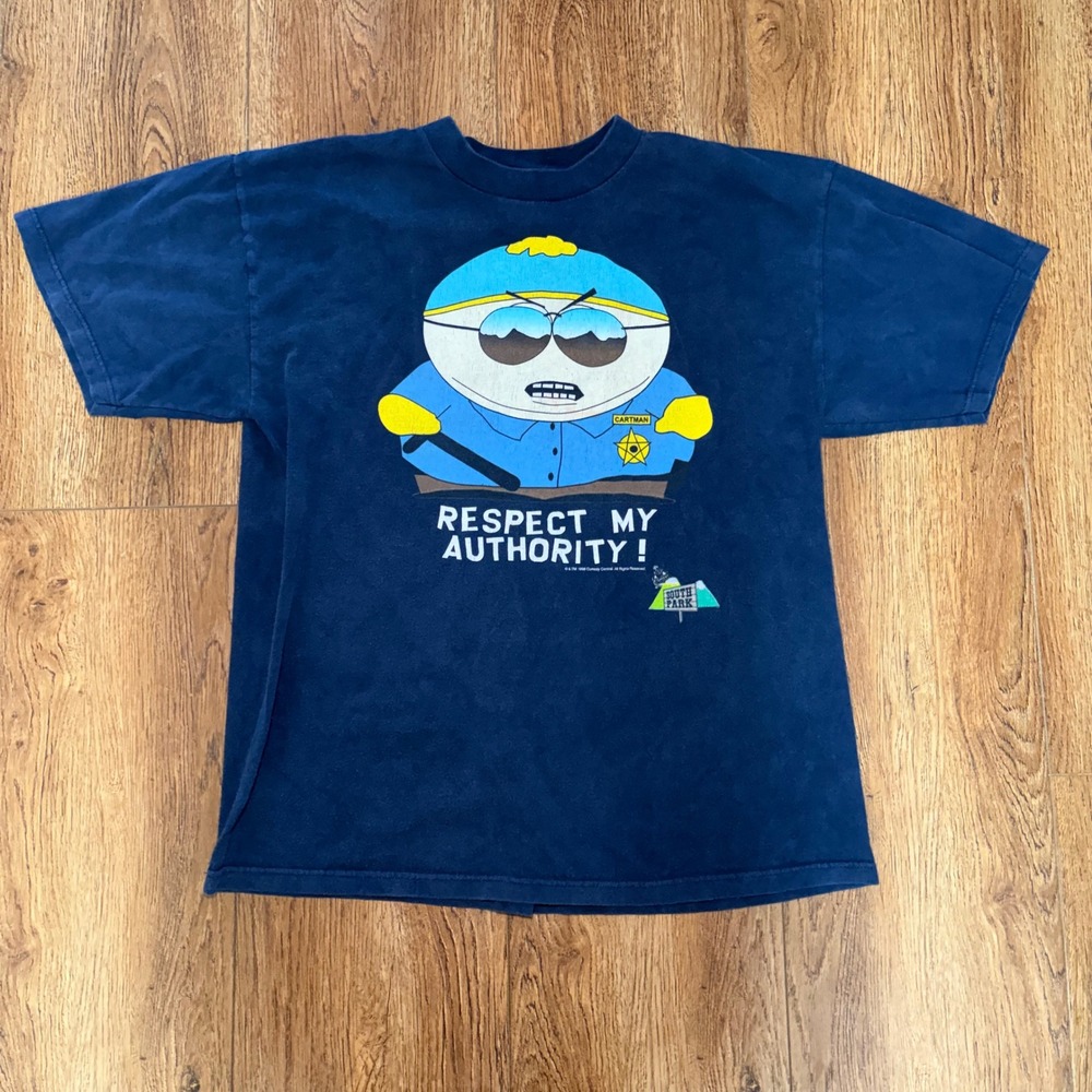 Vintage 1998 South Park Cartman Respect My Authority T-Shirt Tultex XL Navy Blue